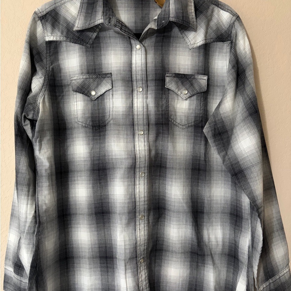 Wrangler Mens XL Western Snap Shirt Black, White‎ Striped Pearl Snap Cowboy